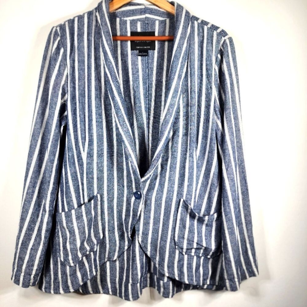Sanctuary Linen Navy White Striped Single Button Blazer Size L